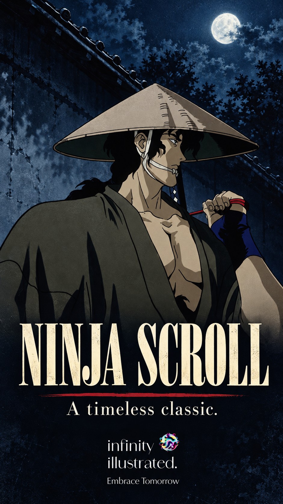 Ninja Scroll editorial cover with Jubei beneath a moonlit sky